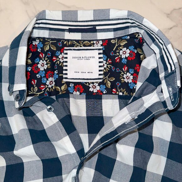 Denim & Flower Mens M Shirt Ricky Singh Button Up Short Sleeve Blue Check - Picture 4 of 4